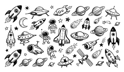Vintage Space Doodle Rockets Astronauts Planets Flying Saucers Vector Set © MDNOYON