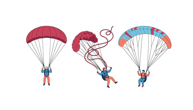 Paragliding characters vector illustration set featuring people flying with colorful paragliders parachutes and extreme sports skydive assets