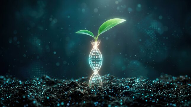 Genetic engineering concept showing a digital seedling growing from a glowing DNA helix.