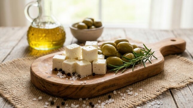A rustic wooden platter featuring feta cheese cubes, green olives, and rosemary sprigs.