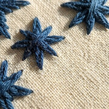 Close up of blue star embroidery on beige fabric