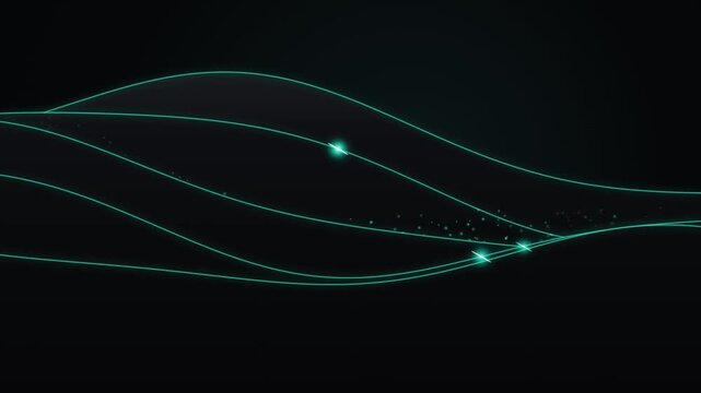 Futuristic cyber cyan neon lines waving smoothly with glowing light particles on a dark background