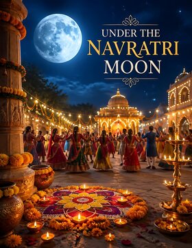 People dancing during navratri night celebration under full moon with navratri