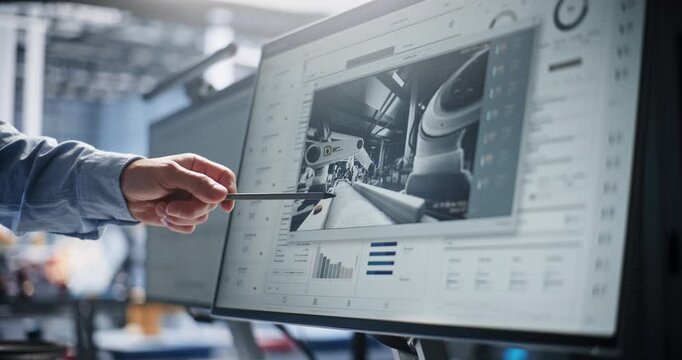 Close Up of Engineer Pointing with Stylus Live Robotic Assembly Stream on Computer Monitor. Real Time Factory Analytics Optimize Industry 4.0 Manufacturing. Data Analytics, Smart Factory Monitoring.