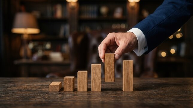 A professional hand placing wooden blocks to represent strategic portfolio restructuring and growth.