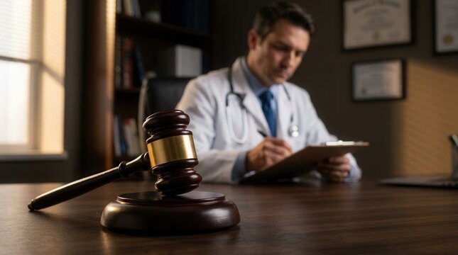Court proceeding for medical malpractice illustrating a physician and a wooden judge gavel.