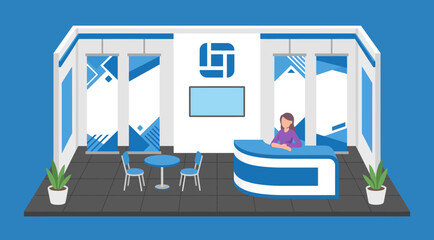 Fototapeta premium Exhibition stand featuring a modern reception desk corporate branding panels and a meeting table for business events.