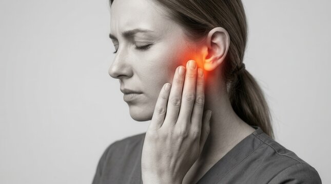 A woman suffering from jaw pain and tmj joint issues with a red glowing effect.