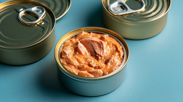 Open Wet Pet Food Cans color Backdrop Smooth Pate Visible In One Tin Two Closed Tins With Pull Tab Lids Crisp