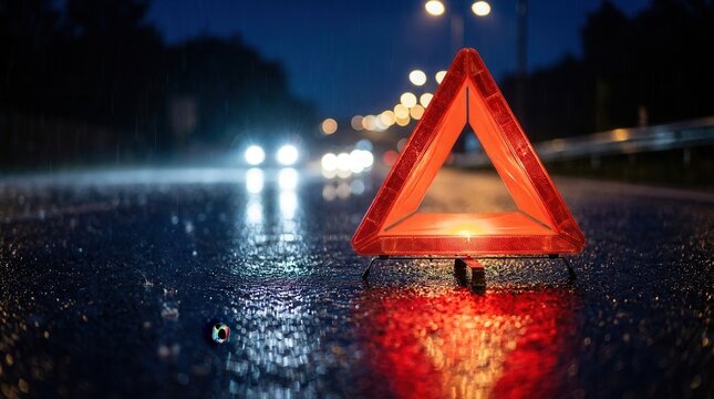 Vehicle breakdown scene with a glowing red warning triangle reflecting on a rainy asphalt road at night.