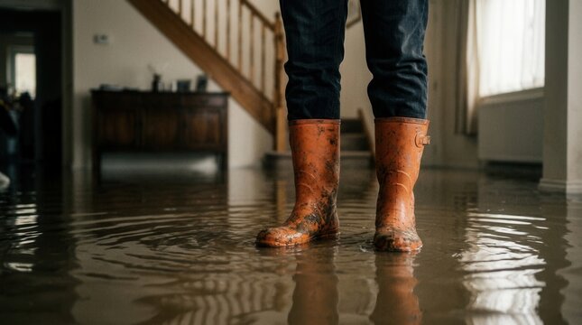 A person in orange waterproof boots wading through floodwater in a flooded house interior.