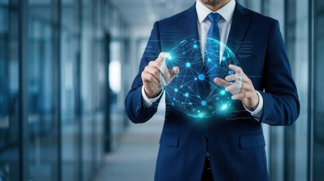 Digital big data processing and machine learning algorithms visualization held by a businessman in a suit.