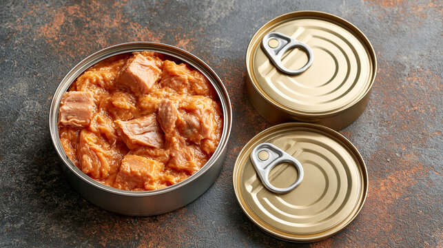 Open Wet Pet Food Cans color Backdrop Smooth Pate Visible In One Tin Two Closed Tins With Pull Tab Lids Crisp