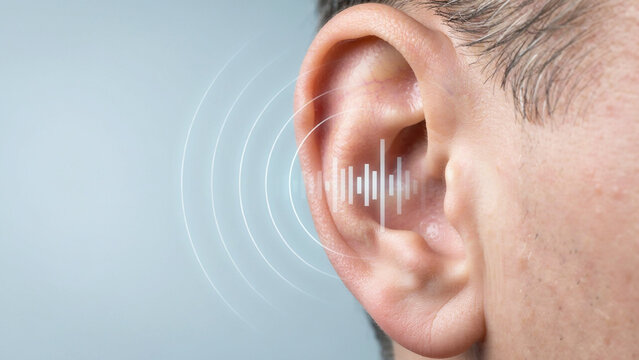human ear receiving sound waves and audio frequency concept graphic
