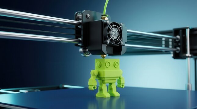 Close up of a 3D printer head working on a robot model design