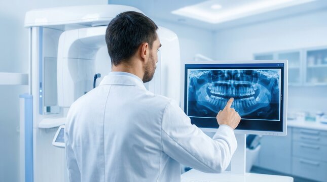 Medical professional examining a dental panoramic x-ray on a digital screen.