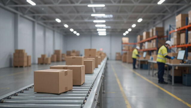 cardboard boxes moving on a conveyor belt in a large modern warehouse

