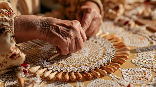 Bobbin lace making in Galicia, Spain traditional lace-producing art. An elderly woman crafting beauty in a modern-day