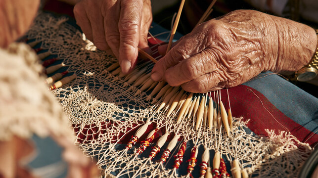 Bobbin lace making in Galicia, Spain traditional lace-producing art. An elderly woman crafting beauty in a modern-day Spanish town square