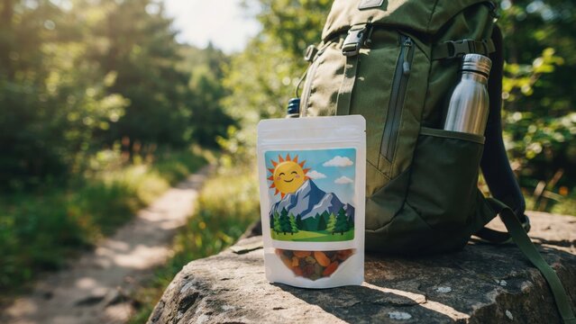 A snack pouch with a nature logo sits on a rock next to a hiking backpack. Perfect for outdoor adventure and healthy trail food marketing.