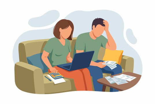 Stressed Couple Managing Bills and Financial Debt on Sofa at Home