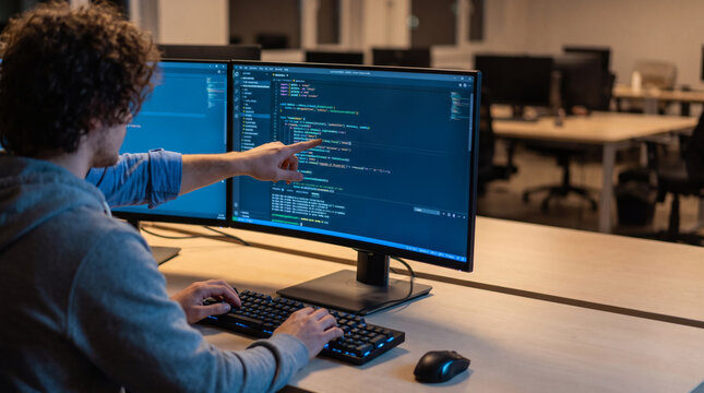 Two programmers analyzing application source code and debugging software at office desk