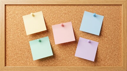 Fototapeta premium Blank colored sticky notes pinned to a professional cork board for corporate task management and brainstorming with corkboard planning organization management business productivity bulletin