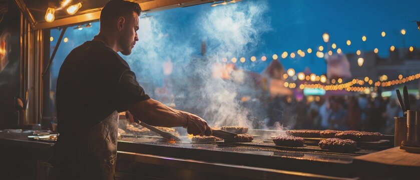 Chef grilling delicious food at night festival.