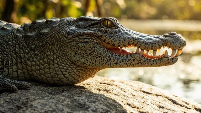 Close-up of a crocodile's head with sharp teeth visible, basking on a rock by the water at sunset.