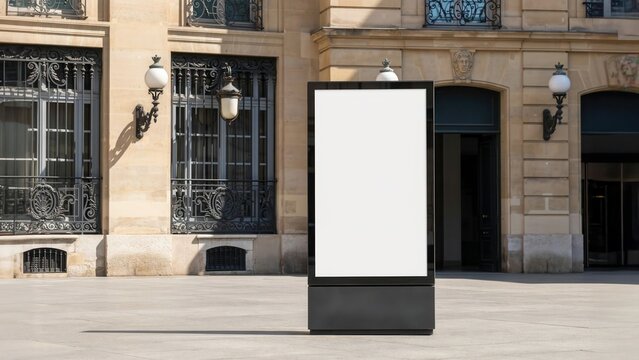 Blank vertical billboard mockup standing on a sunny European city street in front of a classic building facade. Ideal for urban advertising campaigns and outdoor media design.