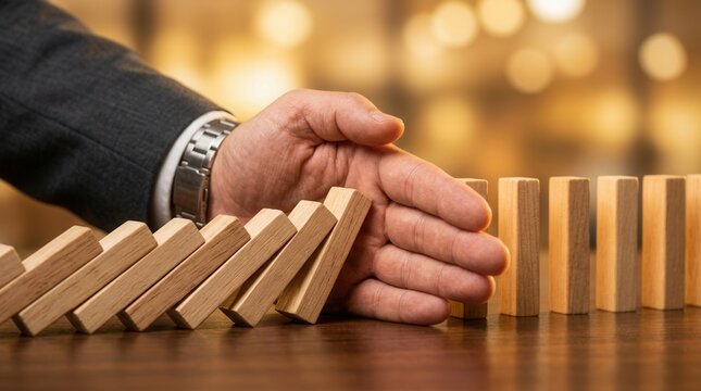 A hand preventing a continuous domino effect to mitigate business risk and failure.
