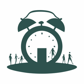 Silhouettes of people interacting with a large alarm clock that resembles a house, symbolizing time management, deadlines, and the passage of time in daily life.
