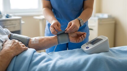 Fototapeta premium Nurse checking blood pressure of elderly patient in hospital room