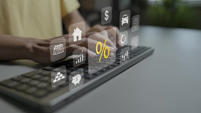 Interest rate analysis investment concept. Person typing keyboard with percentage growth, market trend graph and finance calculator icons, central bank rate and strategy.