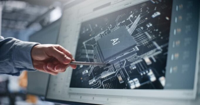 Engineer Uses Stylus Inspect AI Microchip Circuit Layout on High Resolution Display. Rigorous Research and Development Ensure High Performance Computing Hardware. Hardware Testing, Circuit Inspection.