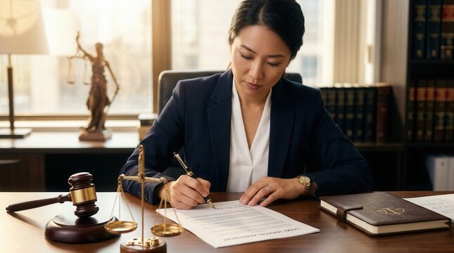Law attorney signing legal paperwork near justice scales and a gavel in a business environment.