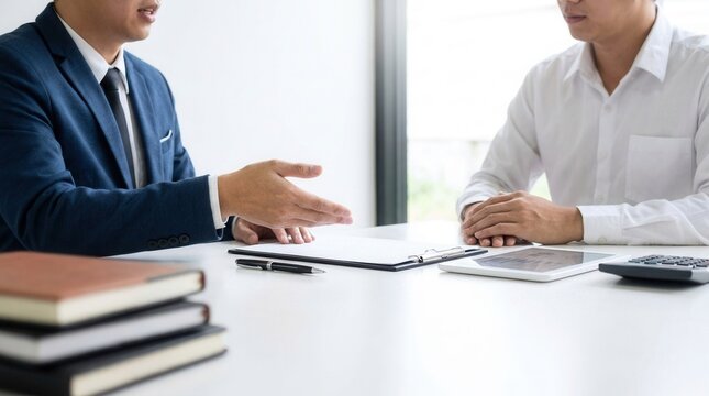 Male insurance agent presenting paperwork and consulting with a client about car insurance.