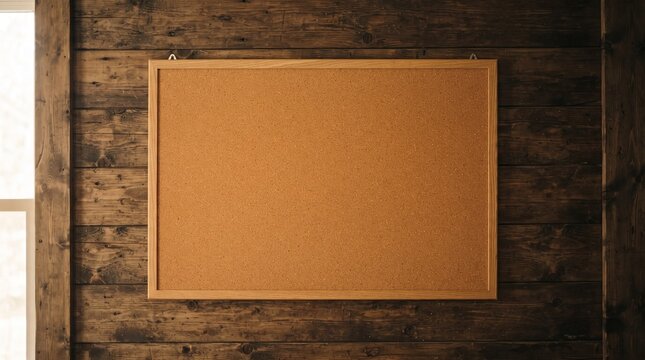 Empty cork pinboard framed in wood against a dark timber wall with corkboard bulletin background template workspace communication planning professional presentation creative pinboard