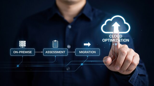 Businessman interacting with a digital cloud computing and migration process interface. Ideal for IT infrastructure strategy and corporate digital transformation presentations.