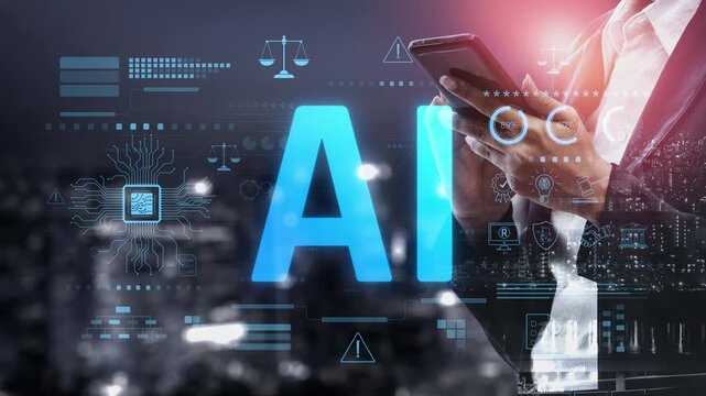 AI circuit microchip with glowing blue lines, surrounded by legal scales, warning symbols, data sheets, and binary codes, representing ethical AI, AI governance, and data integrity Marrow