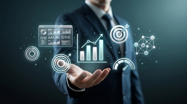 Business executive presenting digital analytics and performance charts on holographic touchscreen display representing data driven decision making and corporate success strategy