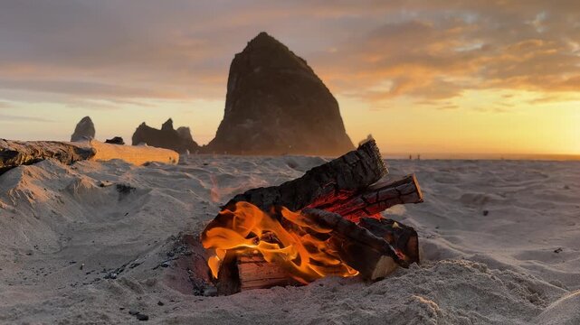 Beach bonfire at sunset with Haystack Rock at Cannon Beach, Oregon