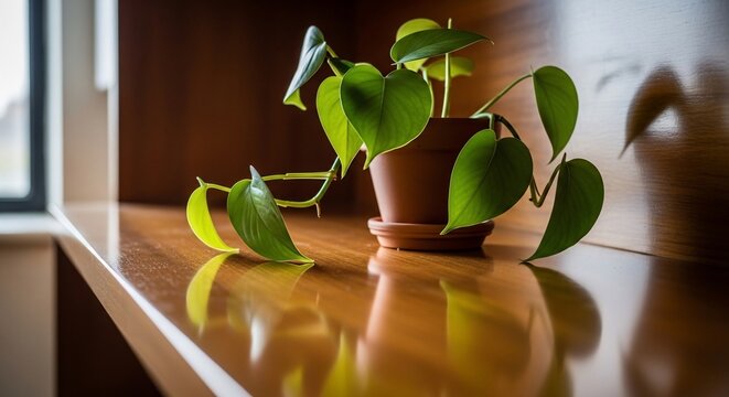 室内観葉植物、テーブルに反射、緑の葉