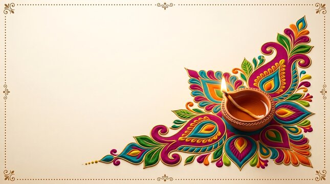 Colorful Diwali Rangoli Border with Diya Lamp on Cream Background for Happy Deepavali Greeting Card Banner Template and Traditional Festive Poster