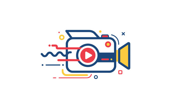 Stylized video camera icon with a red play button and dynamic speed lines representing digital video streaming.
