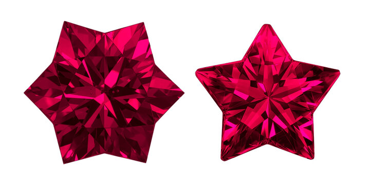 Vibrant red ruby gemstones in star shapes, faceted crimson crystal stars isolated on white, luxury jewelry design elements with brilliant sparkle