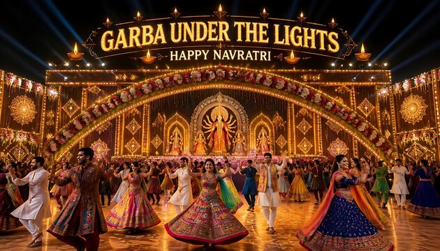 Large crowd celebrating garba dance under golden festive lights during navratri festival