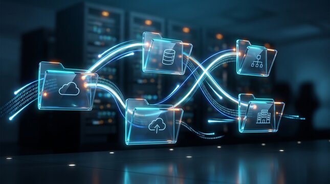 Cloud data infinity loop connecting file folders and server icons with continuous binary information streams representing infinite storage and data availability