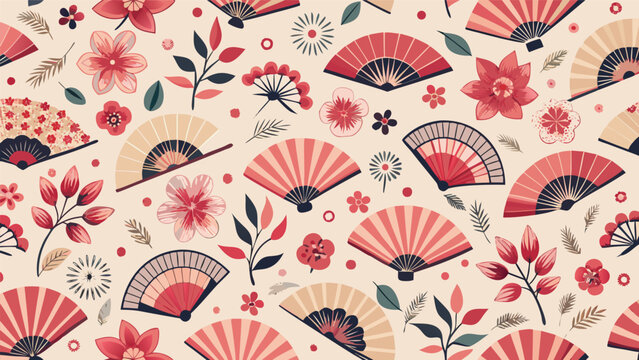 Japanese fan and flower seamless pattern asian floral background with seamless background japanese traditional oriental illustration decoration abstract botanical ornament wallpaper