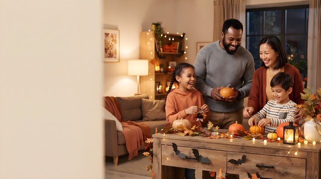 Multiracial family decorating their home with pumpkins for Halloween celebration together